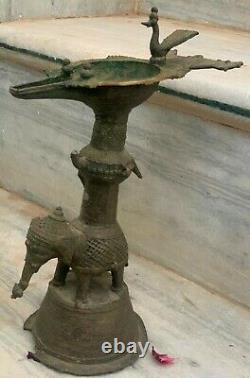 Antique brass oil lamp carved elephant statue old condition traditional dipak