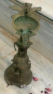 Antique brass oil lamp carved elephant statue old condition traditional dipak