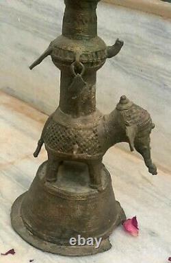 Antique brass oil lamp carved elephant statue old condition traditional dipak
