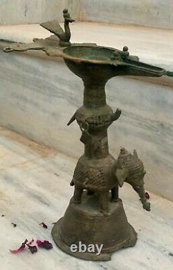Antique brass oil lamp carved elephant statue old condition traditional dipak