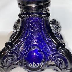 Antique c1880s Cobalt Blue Princess Feather Glass Oil Lamp Eagle Burner
