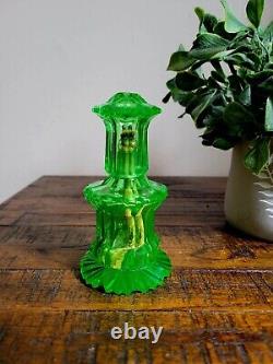 Antique c. 1880 Apple Green Vaseline Cut Glass Miniature Oil Lamp Cigar Lighter