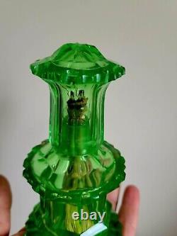 Antique c. 1880 Apple Green Vaseline Cut Glass Miniature Oil Lamp Cigar Lighter