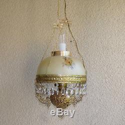 Antique cast brass hanging oil lamp shade signed by Ticky Baniak converted