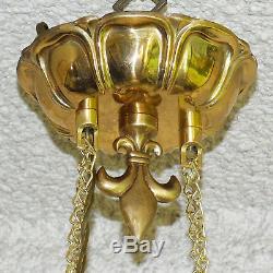 Antique cast brass hanging oil lamp shade signed by Ticky Baniak converted