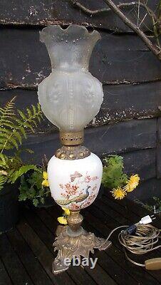 Antique electric/ oil lamp, LARGE, peacock painted bowl, 76 cms high