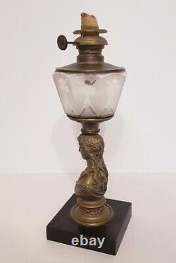 Antique figural lady bust oil lamp glass font gilded Cast Iron Climax Burner