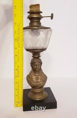 Antique figural lady bust oil lamp glass font gilded Cast Iron Climax Burner