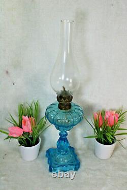 Antique french blue glass oil lamp