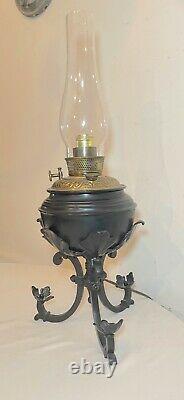 Antique handmade Bradley & Hubbard wrought iron stand brass electrified oil lamp