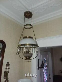 Antique hanging brass oil /kerosene parlor lamp