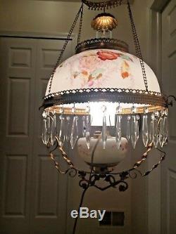 Antique hanging oil lamp Hand Painted With Glass Prisms-Electrified