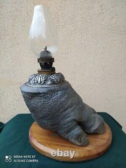 Antique hippo foot, hoof taxídermy prepared stuffed kerosene lamp oil lantern