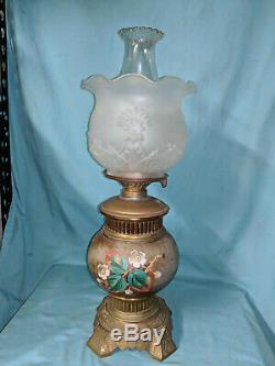 Antique kerosene oil table lamp brass glass painted c. 1885