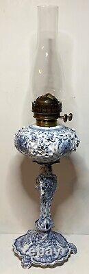 Antique-meissen Stlye-blue & White Porcelain-floral-oil Lamp-double Burner-1877