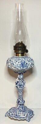 Antique-meissen Stlye-blue & White Porcelain-floral-oil Lamp-double Burner-1877