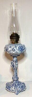 Antique-meissen Stlye-blue & White Porcelain-floral-oil Lamp-double Burner-1877