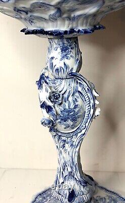 Antique-meissen Stlye-blue & White Porcelain-floral-oil Lamp-double Burner-1877