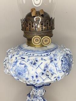 Antique-meissen Stlye-blue & White Porcelain-floral-oil Lamp-double Burner-1877
