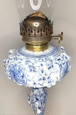 Antique-meissen Stlye-blue & White Porcelain-floral-oil Lamp-double Burner-1877