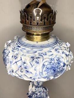 Antique-meissen Stlye-blue & White Porcelain-floral-oil Lamp-double Burner-1877