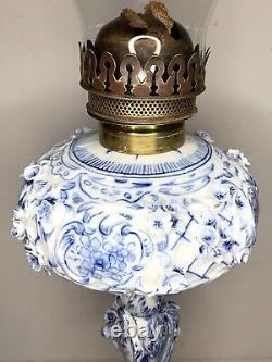 Antique-meissen Stlye-blue & White Porcelain-floral-oil Lamp-double Burner-1877