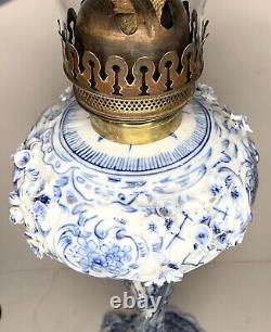 Antique-meissen Stlye-blue & White Porcelain-floral-oil Lamp-double Burner-1877