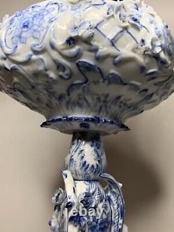 Antique-meissen Stlye-blue & White Porcelain-floral-oil Lamp-double Burner-1877