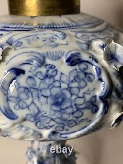 Antique-meissen Stlye-blue & White Porcelain-floral-oil Lamp-double Burner-1877