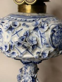 Antique-meissen Stlye-blue & White Porcelain-floral-oil Lamp-double Burner-1877