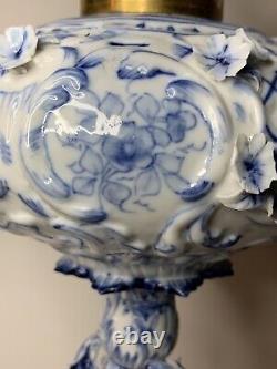 Antique-meissen Stlye-blue & White Porcelain-floral-oil Lamp-double Burner-1877