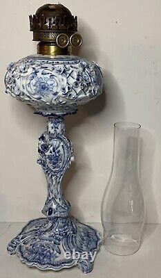 Antique-meissen Stlye-blue & White Porcelain-floral-oil Lamp-double Burner-1877