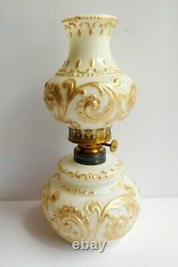 Antique miniature milk glass oil lamp with gilt scrolling Smith 1- 200