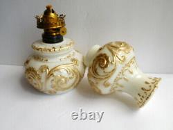 Antique miniature milk glass oil lamp with gilt scrolling Smith 1- 200
