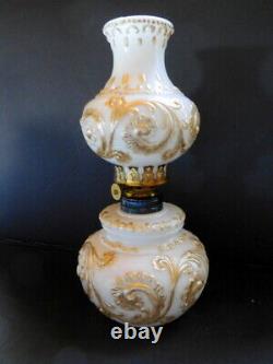 Antique miniature milk glass oil lamp with gilt scrolling Smith 1- 200