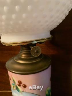 Antique oil lamp cannister style converted hand painted GWTW milk hobnail shade