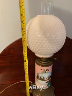 Antique oil lamp cannister style converted hand painted GWTW milk hobnail shade