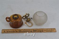 Antique oil lamp frosted globe amber glass 8 in finger loop mid 19th original