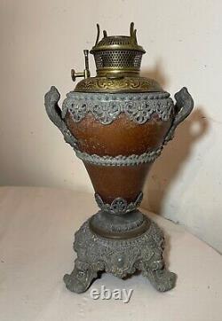 Antique ornate 1800's Bradley Hubbard brass white metal oil table parlor lamp