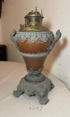 Antique ornate 1800's Bradley Hubbard brass white metal oil table parlor lamp