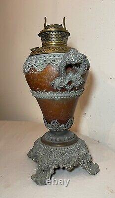 Antique ornate 1800's Bradley Hubbard brass white metal oil table parlor lamp