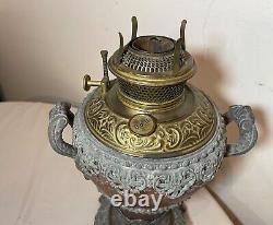 Antique ornate 1800's Bradley Hubbard brass white metal oil table parlor lamp