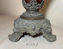 Antique ornate 1800's Bradley Hubbard brass white metal oil table parlor lamp