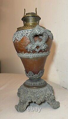 Antique ornate 1800's Bradley Hubbard brass white metal oil table parlor lamp