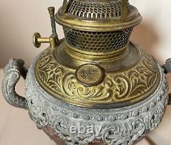 Antique ornate 1800's Bradley Hubbard brass white metal oil table parlor lamp