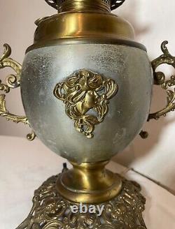 Antique ornate 1800's converted Art Nouveau brass glass oil table parlor lamp