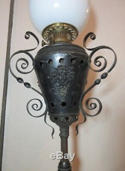 Antique ornate 1878 Victorian Bradley Hubbard B&H cast iron floor oil lamp brass