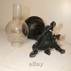 Antique ornate Victorian figural bronze glass oil hurricane table lamp brass