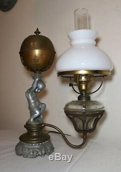 Antique ornate Victorian figural cherub putti electric argand oil table lamp