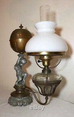Antique ornate Victorian figural cherub putti electric argand oil table lamp
